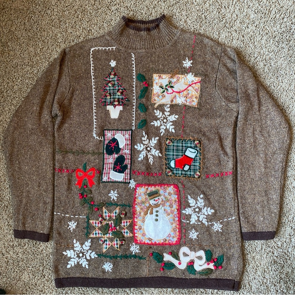 VTG BP Design Wool Blend Christmas Sweater Brown Winter Womens Large Holiday